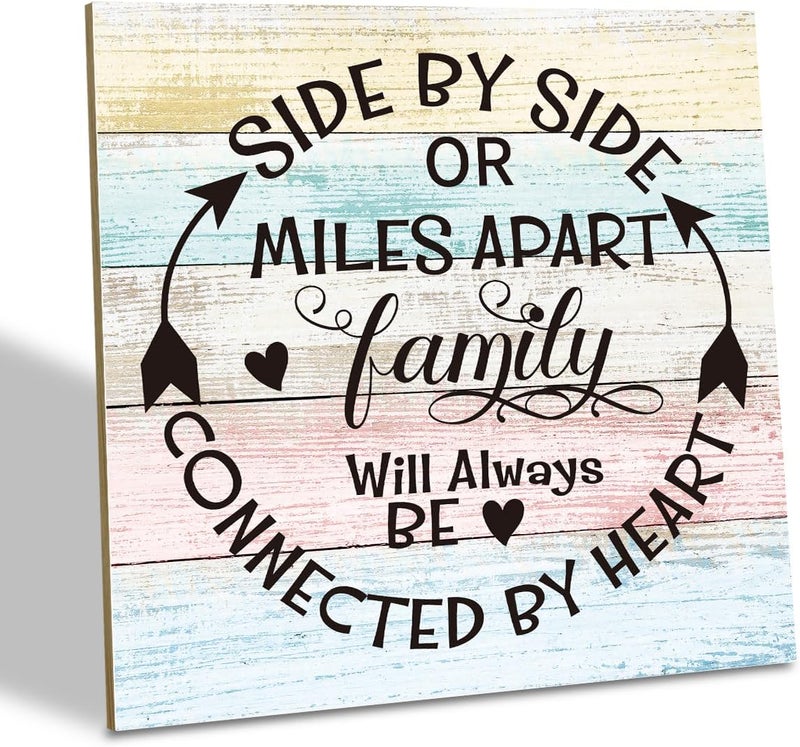 SUSZDOU Family Sign, “Side by Side or Miles Apart, Family Will Always Be Connected by Heart”, Wooden Plaque Table Art Sign 6.2x6.2 Inch, Farmhouse Room Decor, Long Distance Gift for Loved Ones A - Image 1